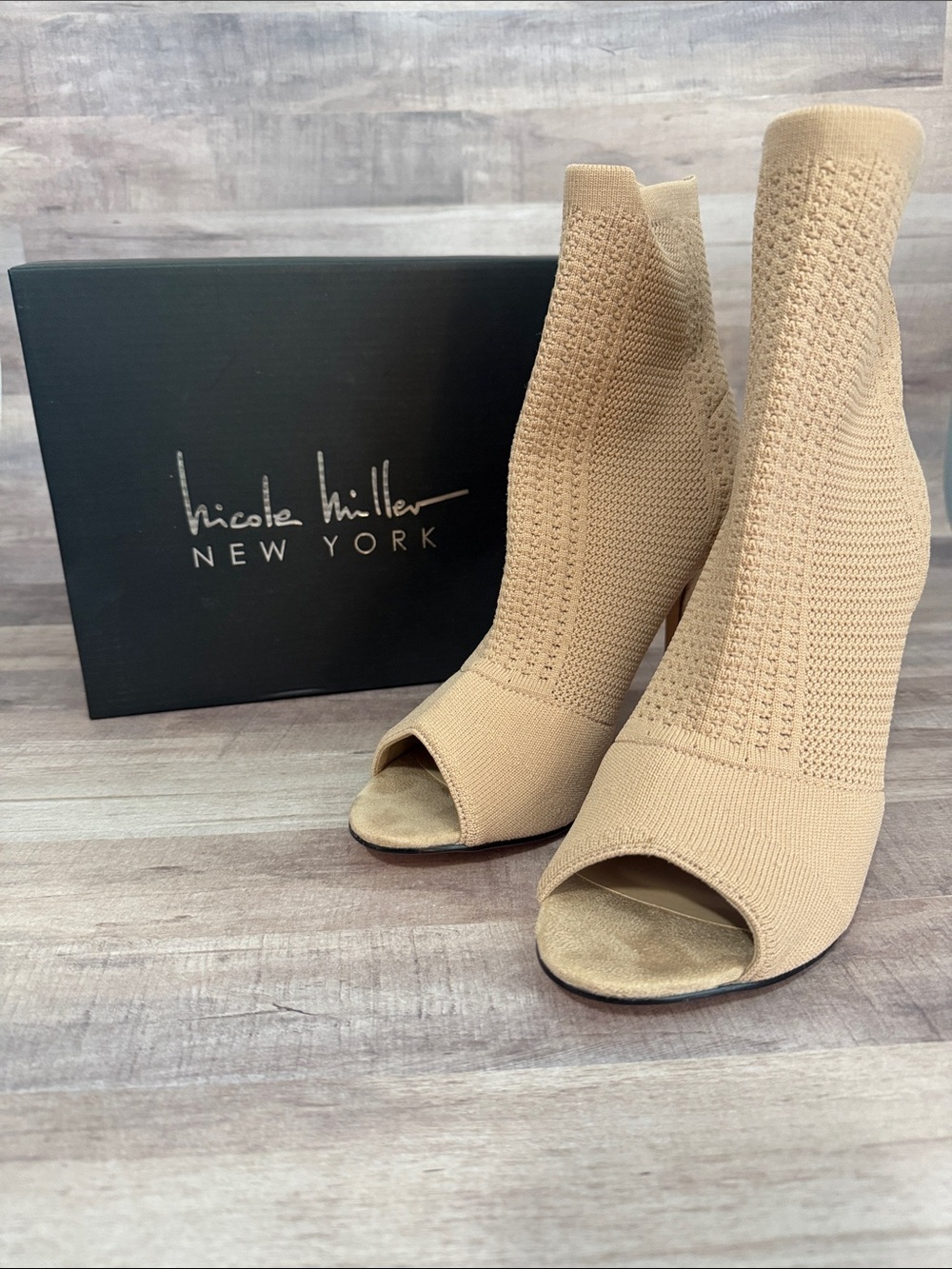 Women's Tan Knit Peep-Toe Booties